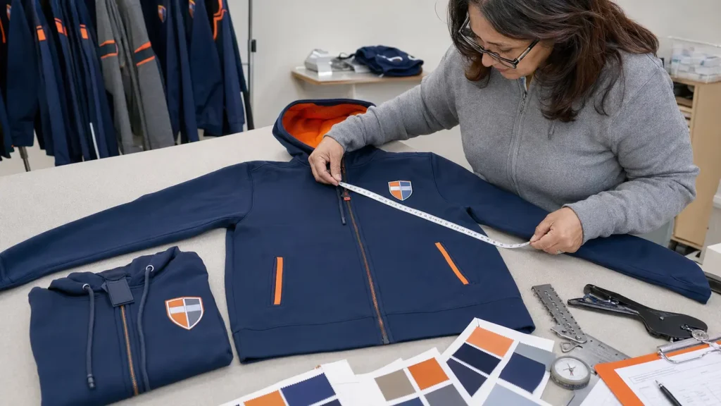 A physical pre-production sample converts written requirements into a reference the buyer and supplier can both inspect. Digital mockups are useful for placement and color planning, but they do not prove fabric hand, garment fit, embroidery density, zipper function, or print behavior.