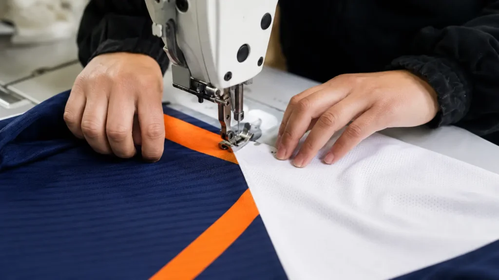 A sewing operator aligning jersey panel notches and a priority stripe before stitching