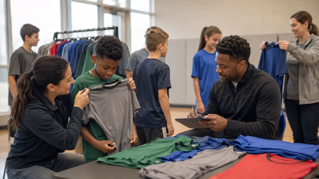 A controlled sizing session gives coaches and parents an auditable choice before personalization.
