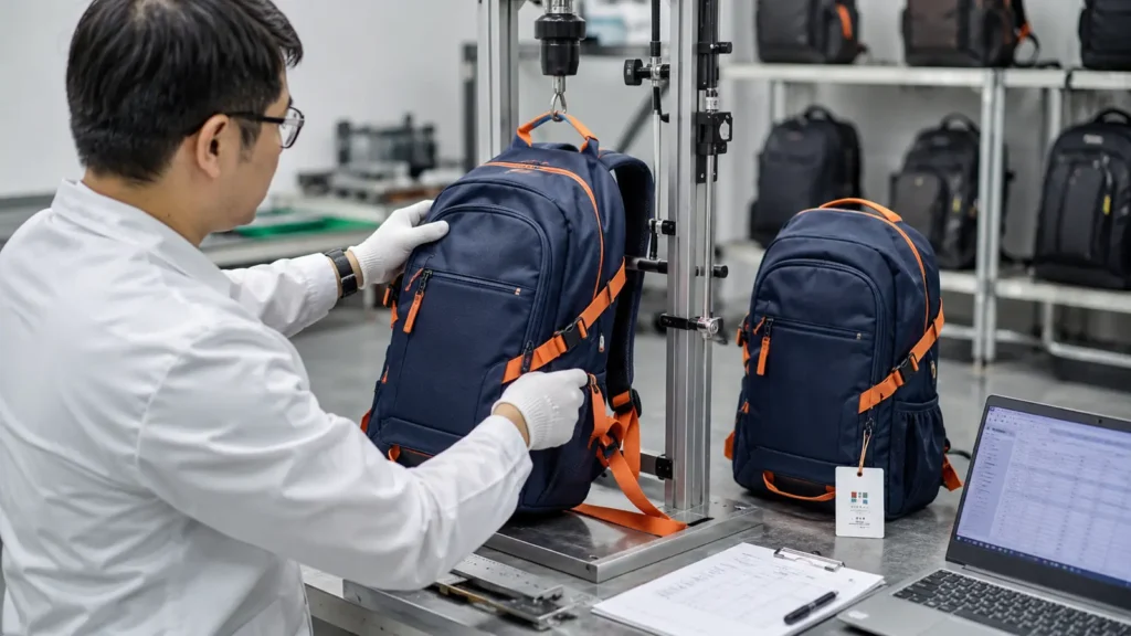 A backpack prototype undergoing dimension, load, zipper, seam, and approval checks
