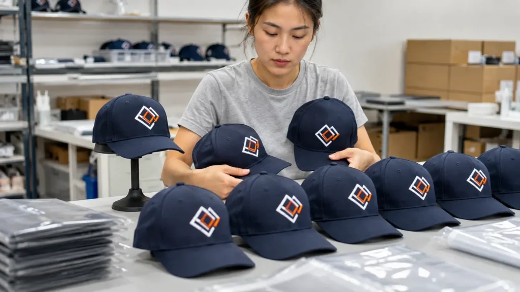 Bulk embroidered caps compared with an approved reference sample