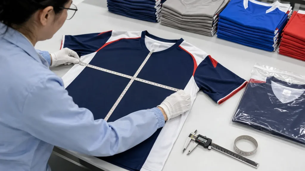 Bulk QC compares production with a version-controlled size chart and approved physical reference.