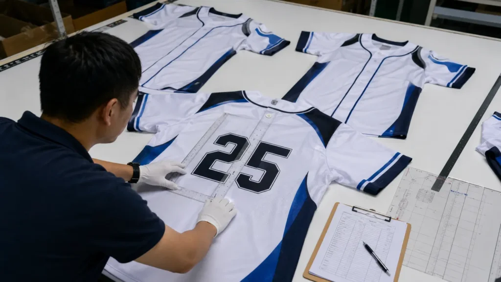 A bulk quality-control table checking jersey numbers, logos, sleeves, and placket alignment