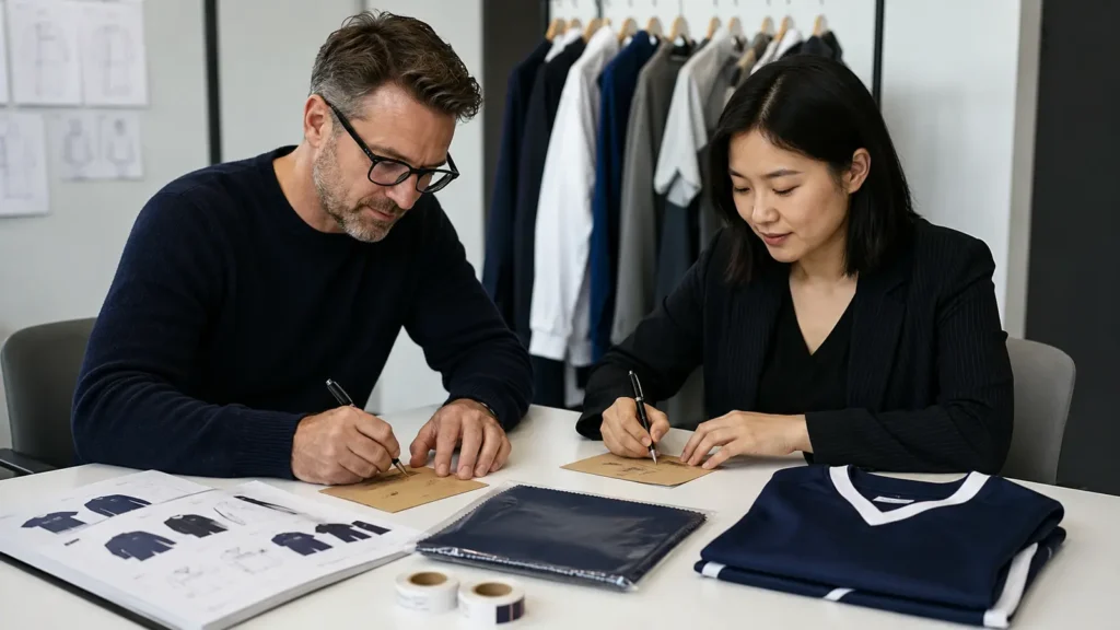 Buyer and supplier signing off the approved fabric standard before bulk production. Illustrative image—replace with verified JIUMU photography when available.