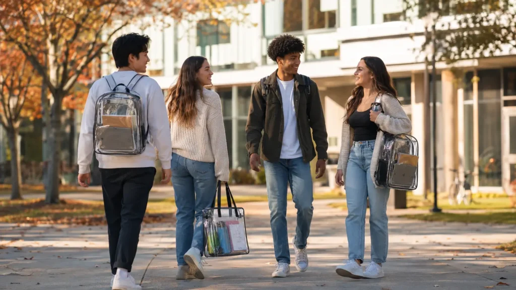 Clear backpacks should remain practical for real campus life while matching each location’s current written rules.