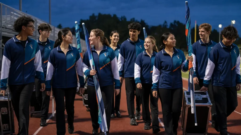 Color guard team arriving at an evening rehearsal in matching custom jackets