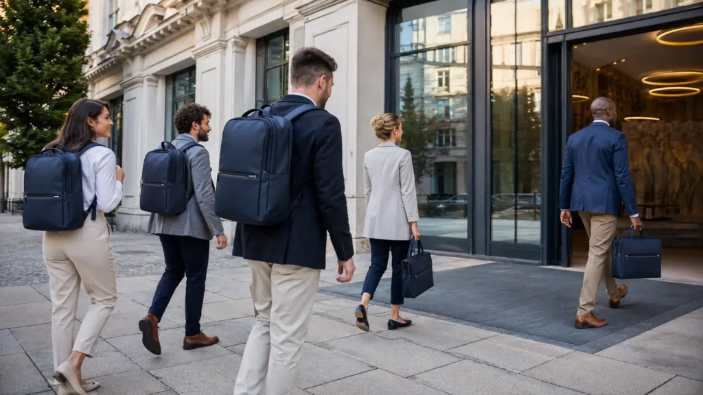 Corporate team arriving with coordinated work bags