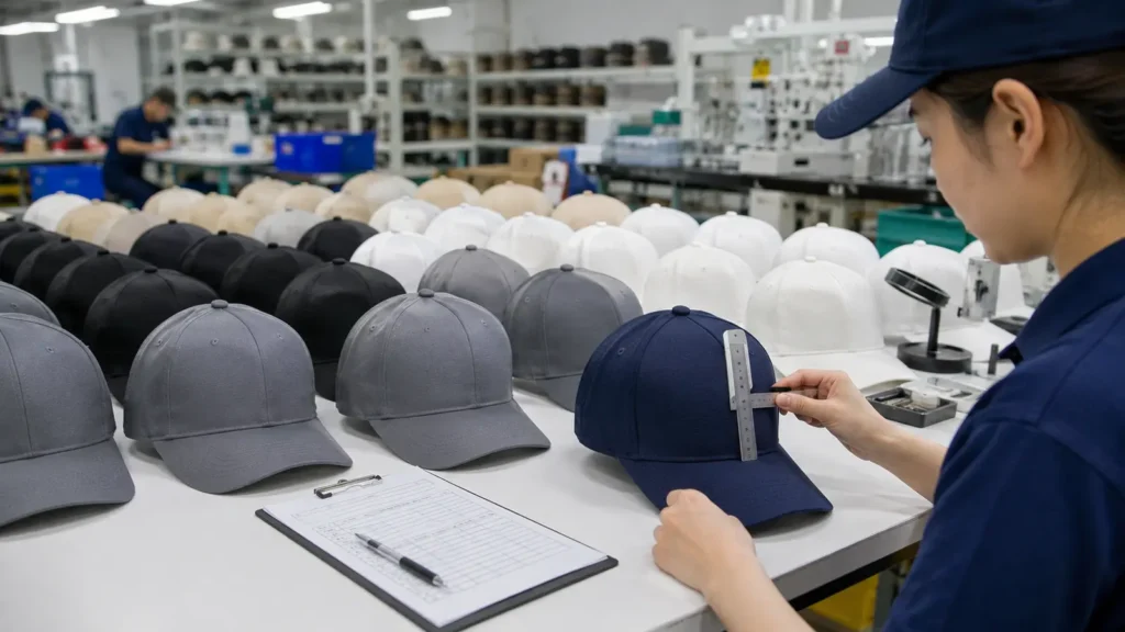 Bulk custom hats undergoing placement, puff-height and workmanship quality control. Illustrative image—replace with verified JIUMU photography when available.