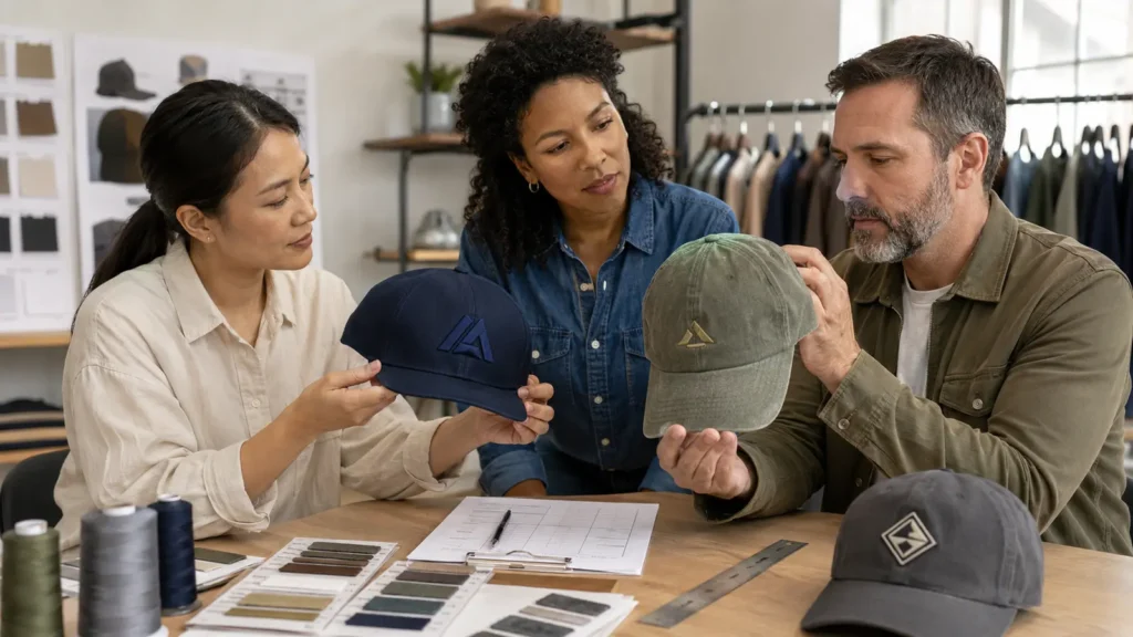 Review crown profile, fit, decoration, and viewing-distance impact on the actual cap—not only in a digital mockup.