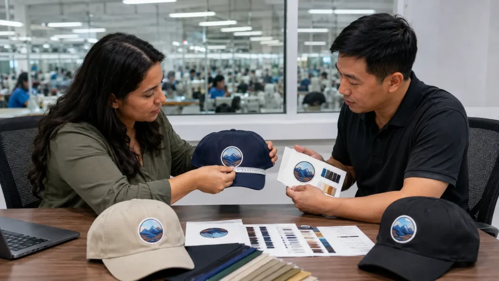 Buyer and factory team approving a physical hat embroidery sample. Illustrative image—replace with verified JIUMU photography when available.
