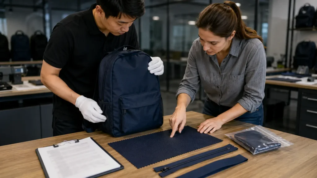 Buyer and technician approving the final backpack material and sample
