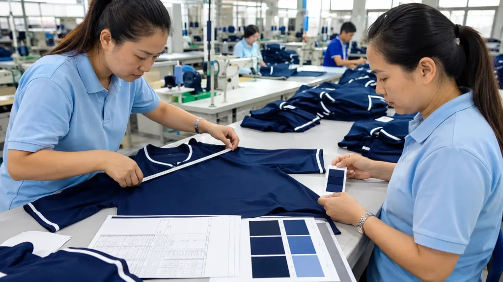 Inline QC comparing repeat teamwear production with the current Golden Sample and size chart. Illustrative image—replace with verified JIUMU photography when available.