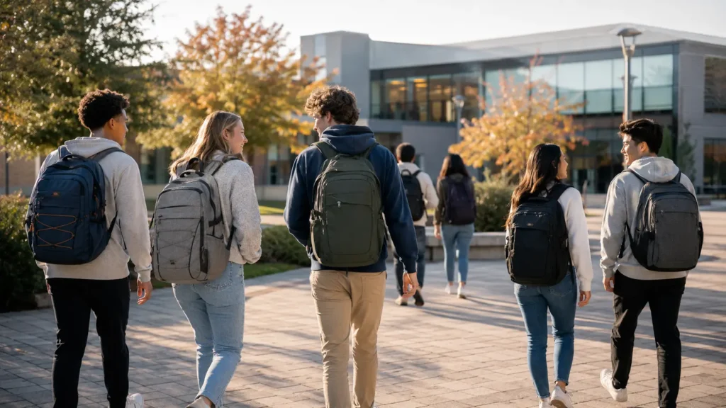 Diverse older students carrying large backpacks on both shoulders across a modern campus