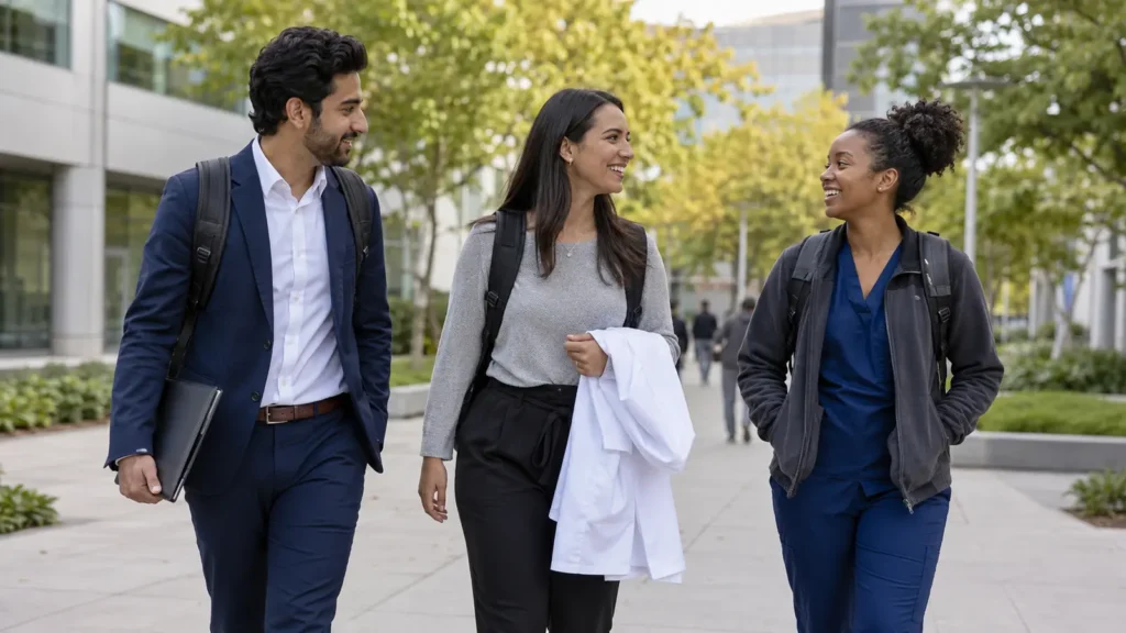 Graduate students carrying professional backpacks on campus