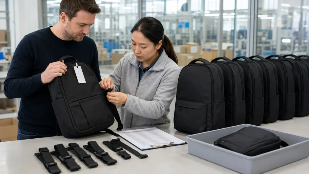 Buyer and inspector comparing approved and bulk backpack strap construction