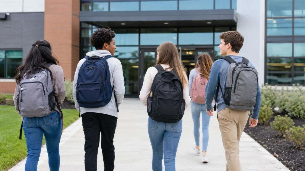 Middle and high school students wearing properly fitted backpacks with both shoulder straps
