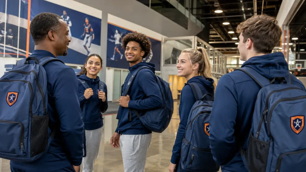 Team members carrying coordinated patched backpacks