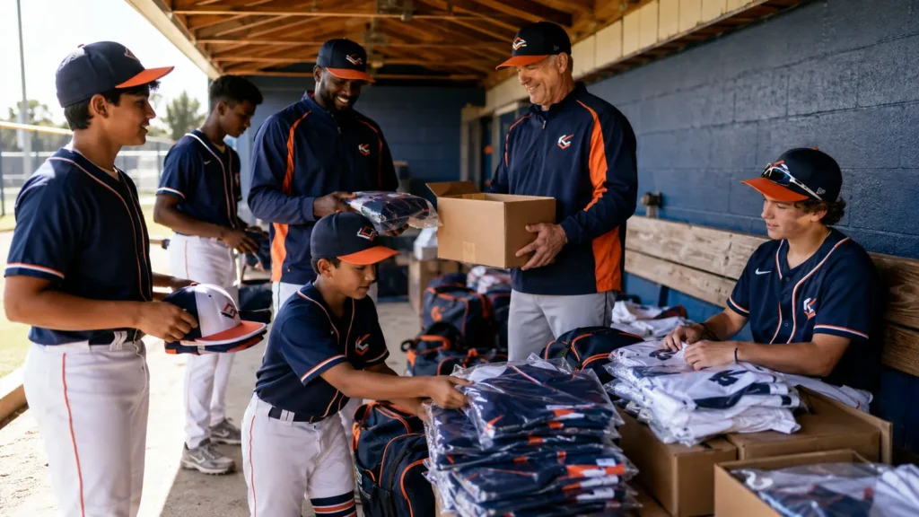 A baseball team receiving coordinated gear with spare uniforms and replacement items prepared
