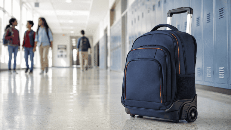 Navy rolling school backpack with telescopic handle in a modern school hallway