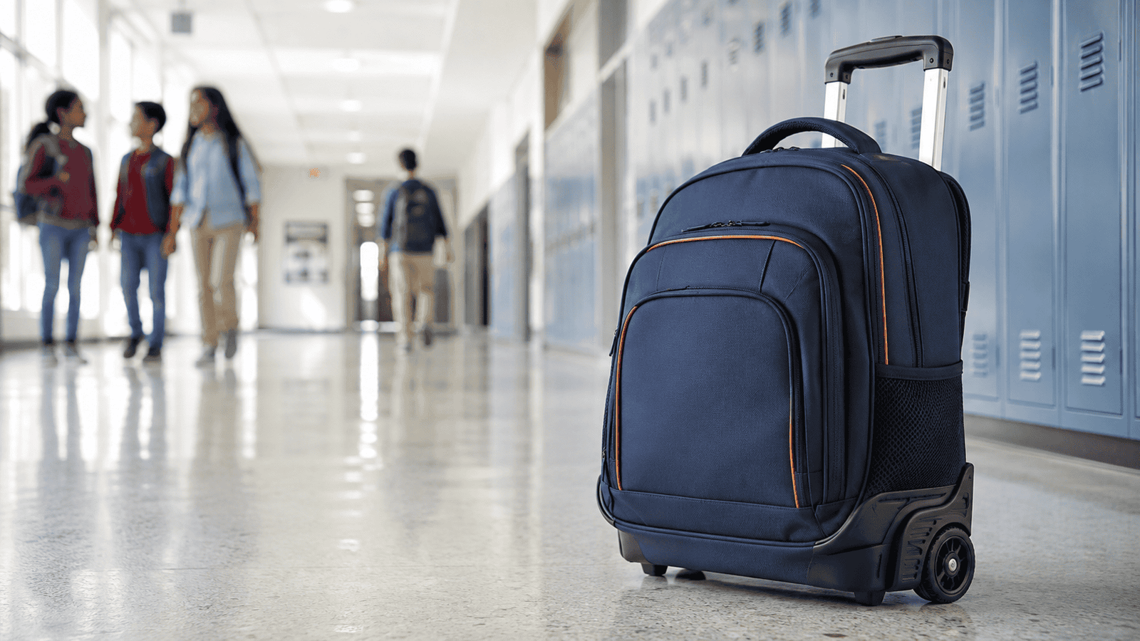 Navy rolling school backpack with telescopic handle in a modern school hallway