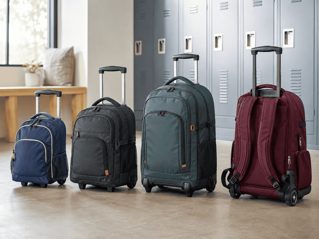 Four rolling school backpack sizes in navy, charcoal, teal and burgundy