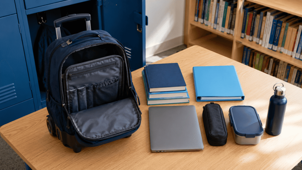 Open rolling school backpack with textbooks, binder, laptop, lunch box and water bottle