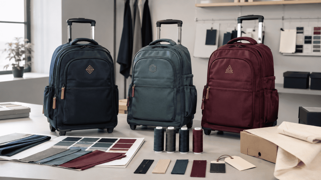 Custom rolling school backpacks with color swatches, embroidery samples and private-label materials