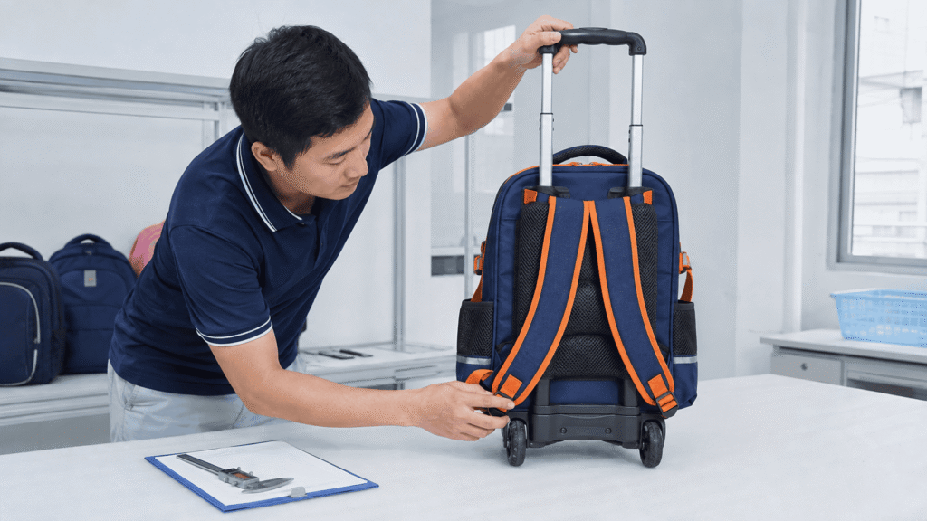 Quality inspector checking the wheels and telescopic handle of a rolling school backpack