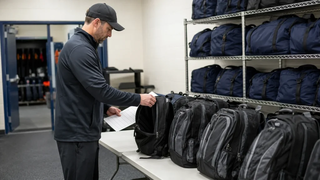 Coach inspecting backpack zippers, straps and interiors before storage
