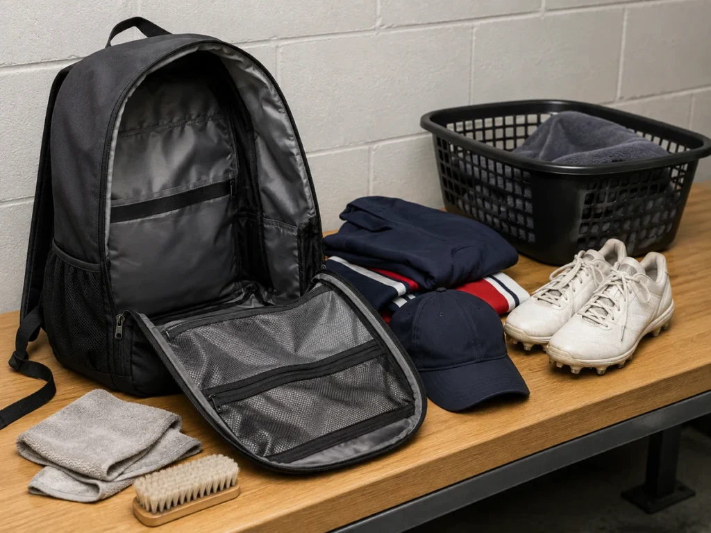 Open sports backpack being emptied and prepared for cleaning and drying