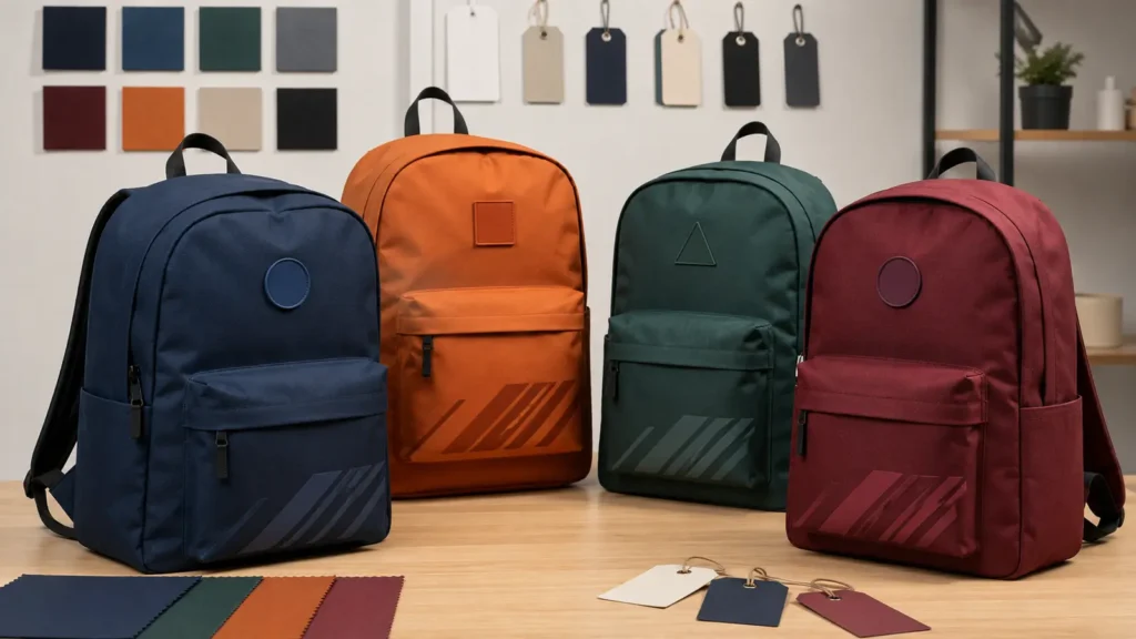 Custom school backpacks with fictional embroidery, woven patch, rubber patch and printed pattern