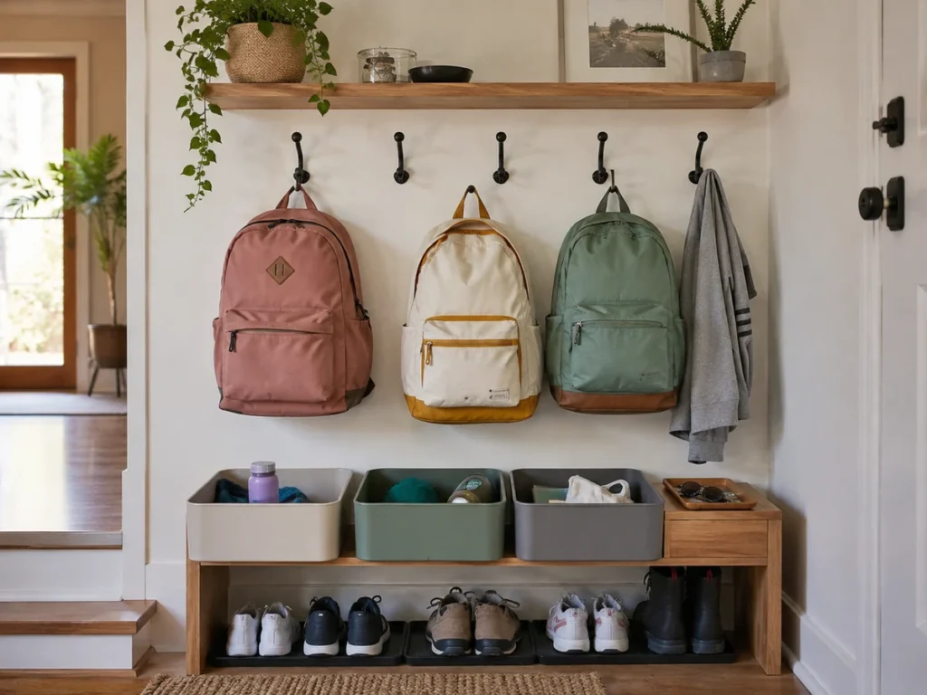 Three backpacks organized on hooks above entryway bins and a shoe shelf at home