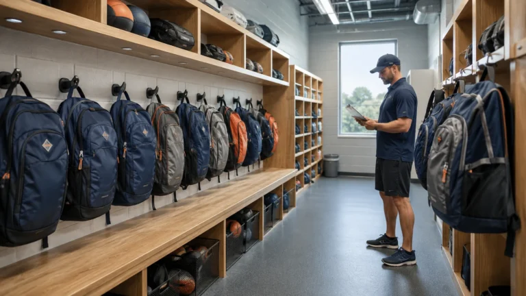Organized custom team backpacks stored in an athletic facility with a coach checking inventory