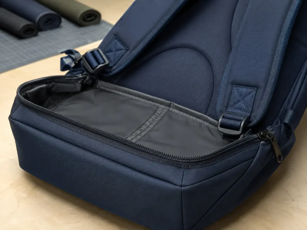 Close view of reinforced shoulder strap stitching, bound seams, zipper and padded back panel