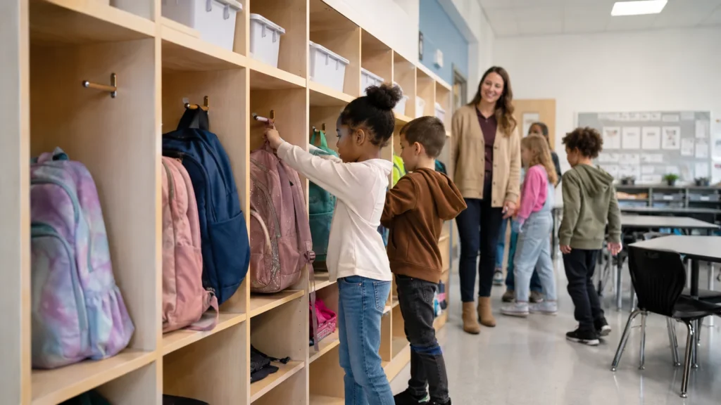 Students placing backpacks in assigned classroom cubbies with a teacher nearby