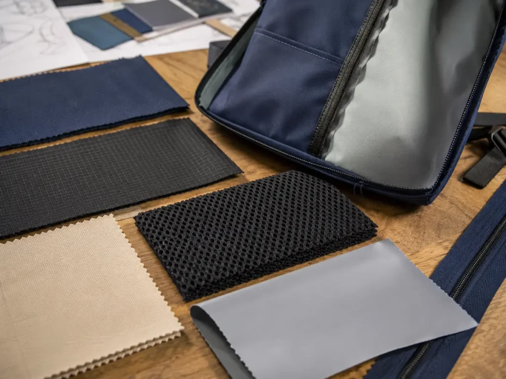 Backpack fabric swatches, mesh padding, lining and zipper components on a material selection table