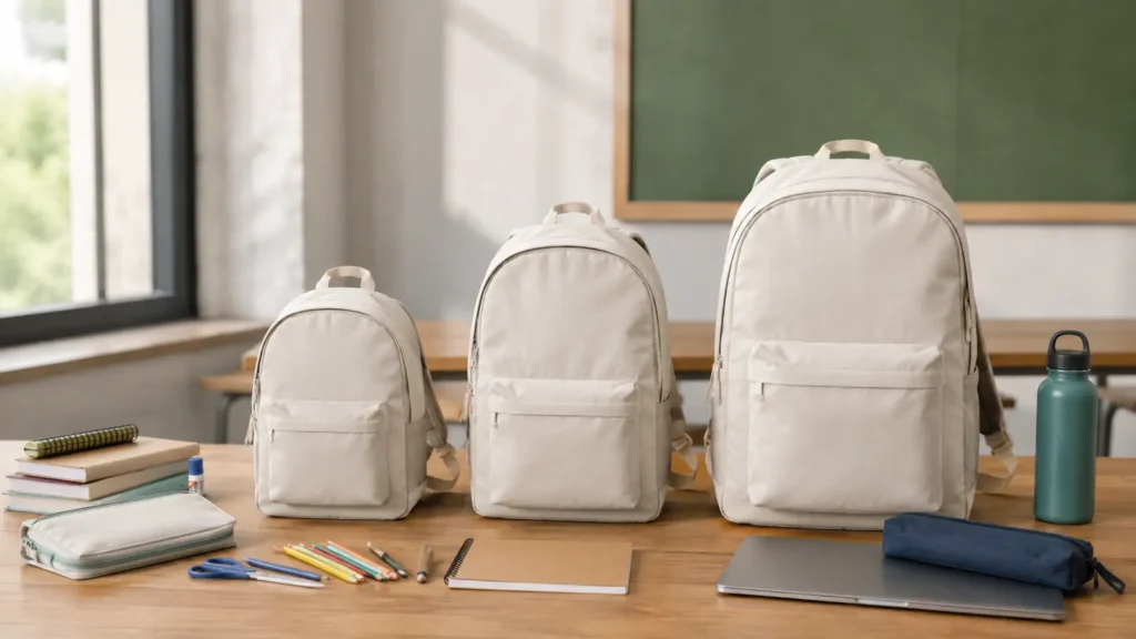 Small, medium and large school backpacks shown with unbranded school supplies for scale