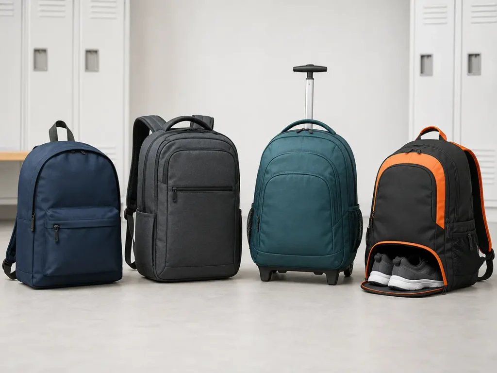Standard daypack, laptop backpack, rolling backpack and sports backpack displayed together