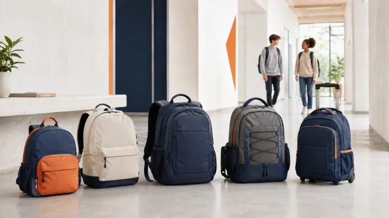 School backpack types for elementary, secondary, laptop and sports use arranged in a modern school