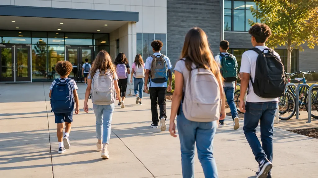 Diverse students entering school with age-appropriate backpacks adjusted to their backs