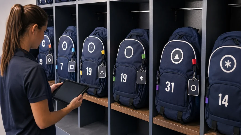 Matching navy team backpacks identified with numbers, symbols and color tabs in cubbies