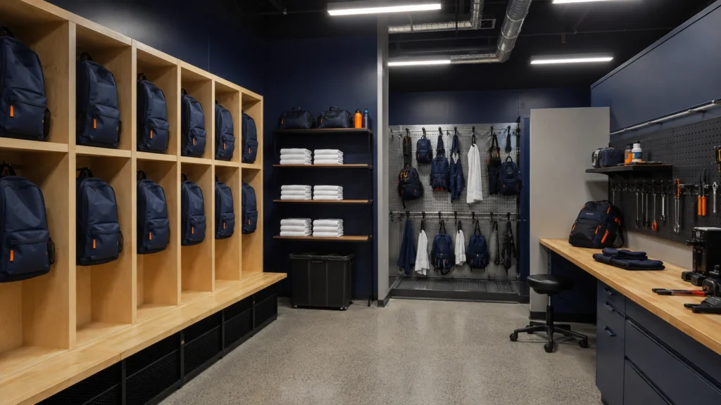 Team backpack facility with cubbies, a ventilated return rack and repair workbench