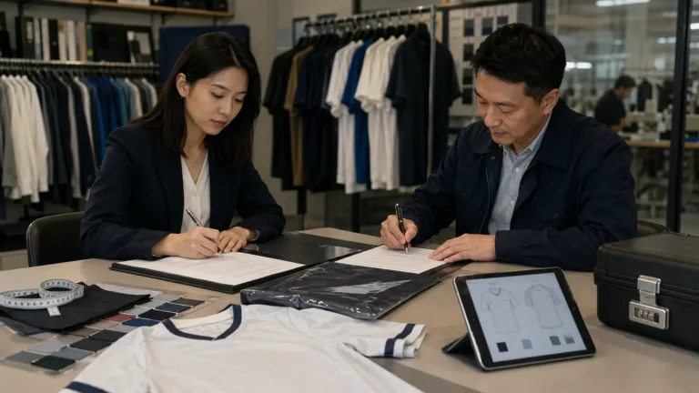 A brand manager and clothing manufacturer sign a confidentiality agreement before opening a tech pack
