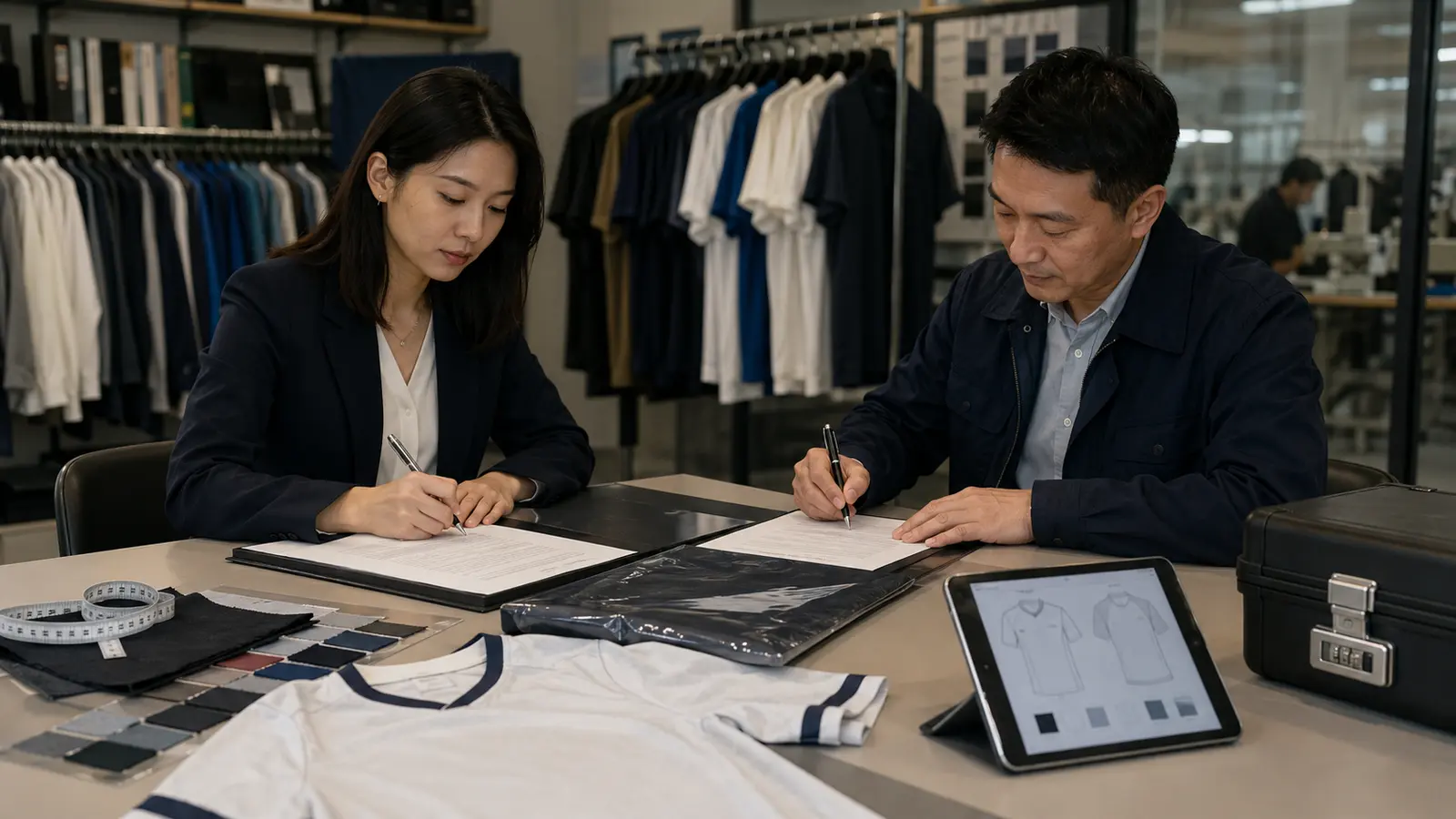 A brand manager and clothing manufacturer sign a confidentiality agreement before opening a tech pack