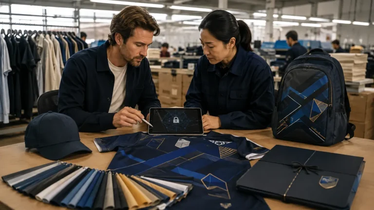 A brand manager and overseas manufacturer review protected custom hats, jerseys and backpacks