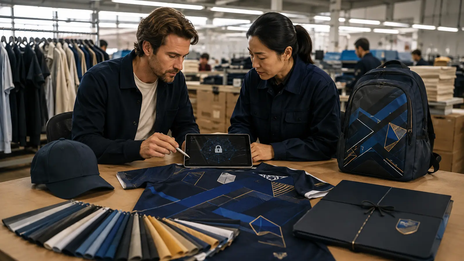A brand manager and overseas manufacturer review protected custom hats, jerseys and backpacks
