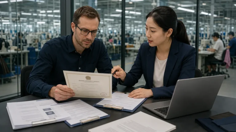 An overseas buyer and Chinese supplier compare a business license with transaction documents
