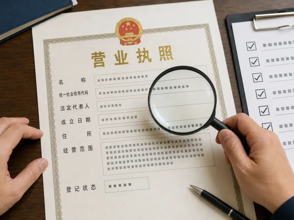 A generic Chinese business license is reviewed field by field