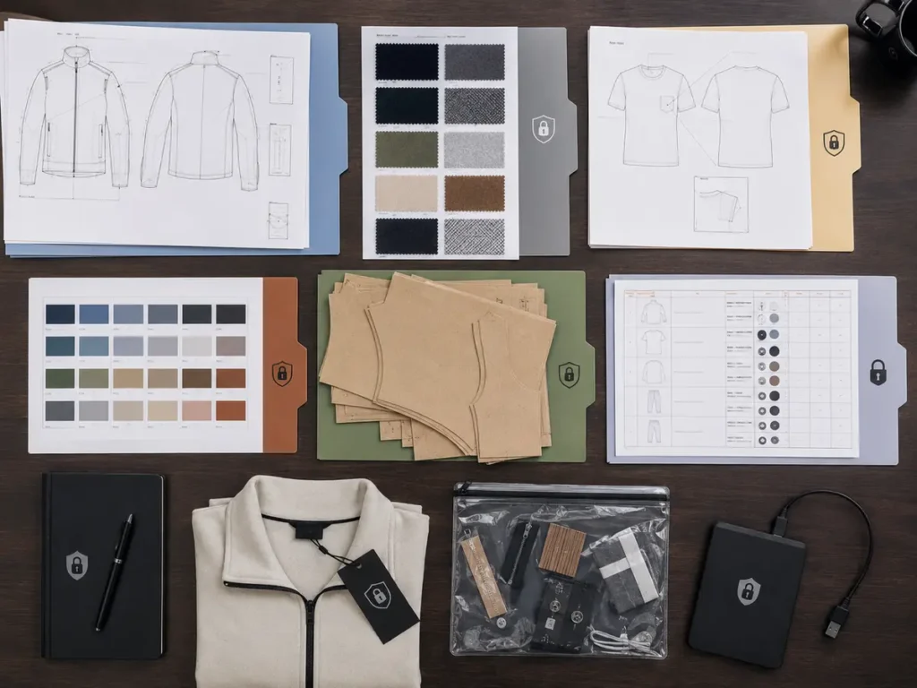 Controlled apparel development assets including drawings, patterns, swatches and prototype materials