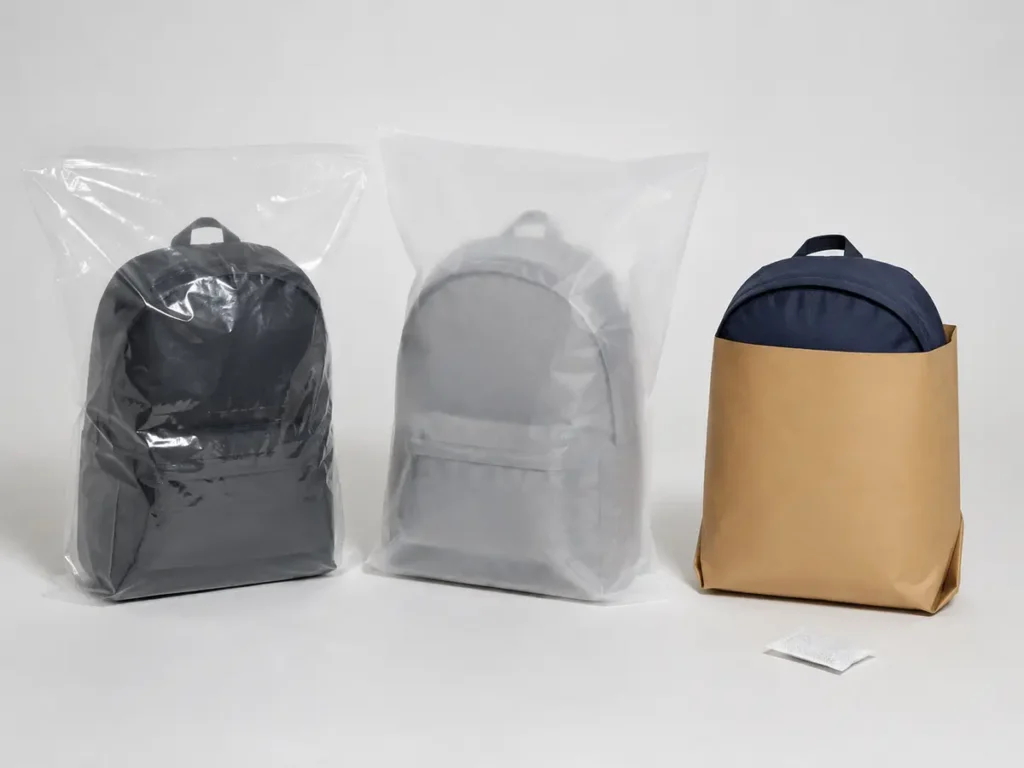 Individual packaging should contain loose straps and labels while preserving the intended shape of the backpack.